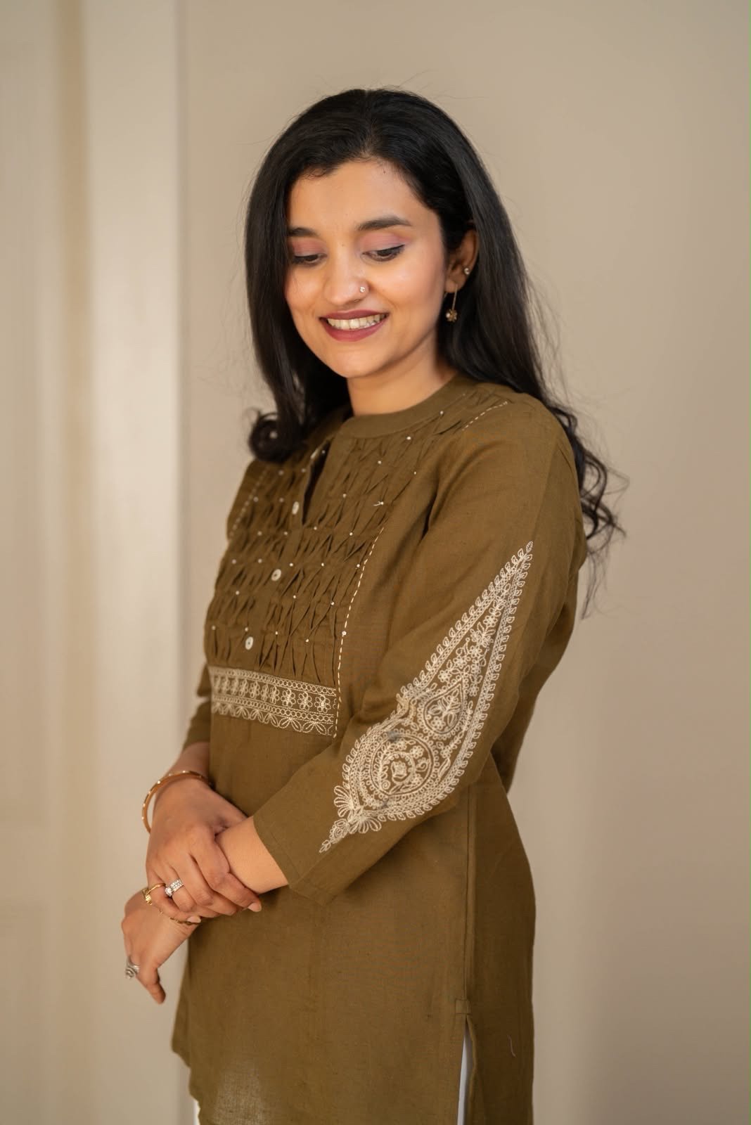 Rio Ruching Slub Cotton Top- Olive