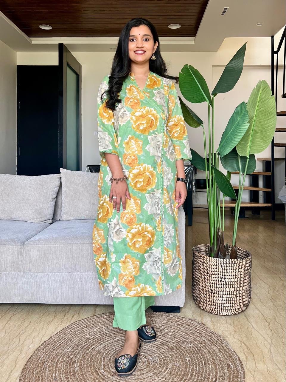 Angrakha Style Cotton Pant Set- Green Florals