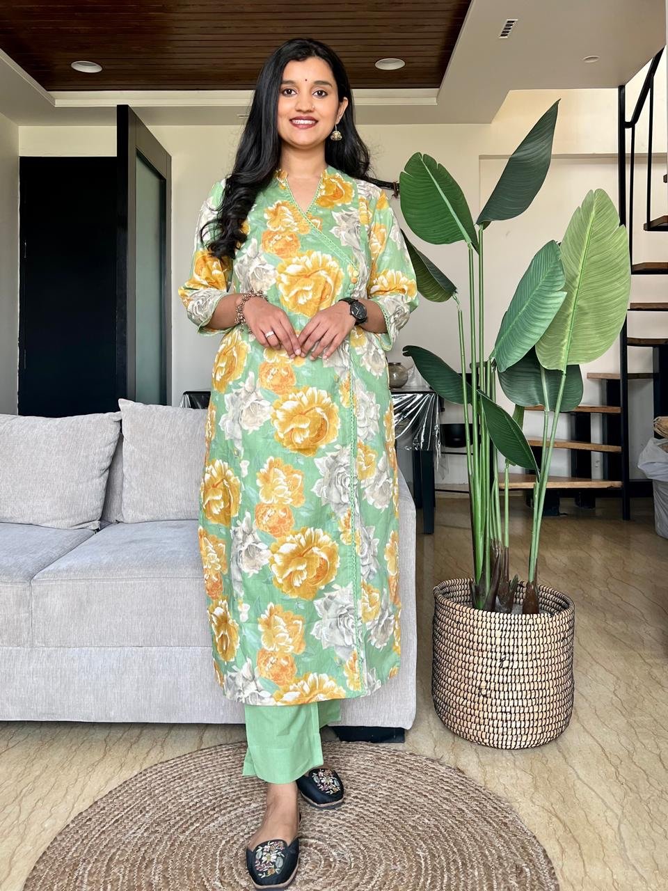 Angrakha Style Cotton Pant Set- Green Florals