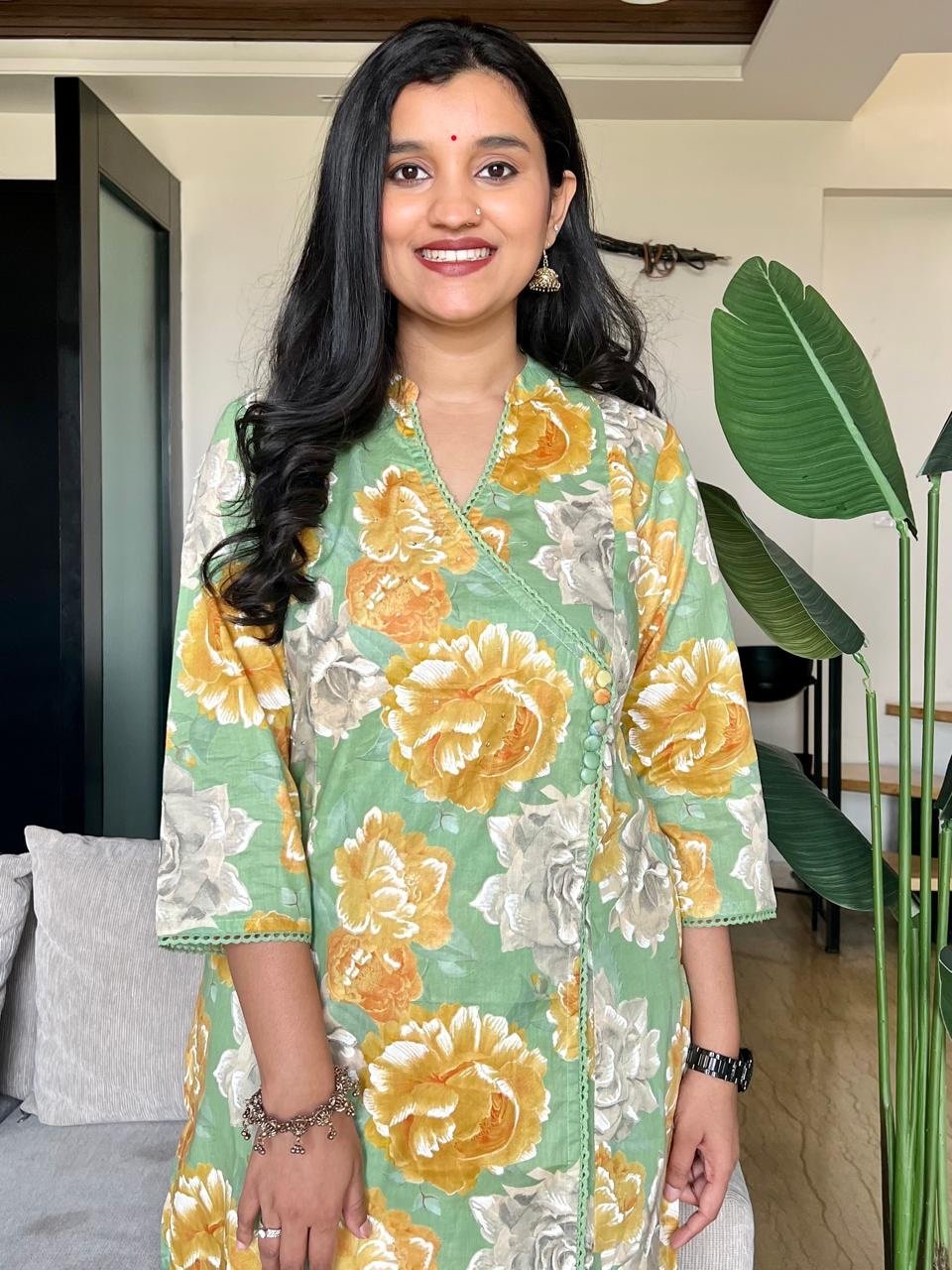 Angrakha Style Cotton Pant Set- Green Florals