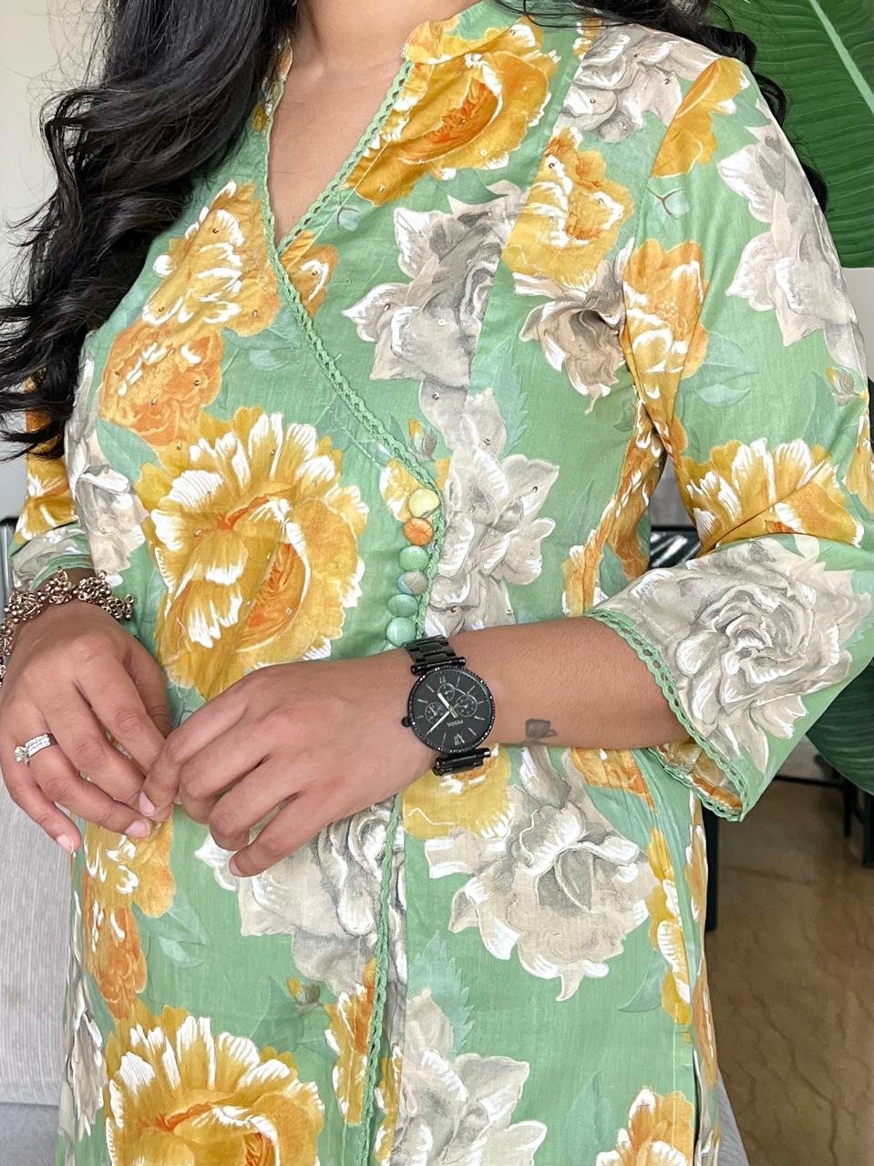 Angrakha Style Cotton Pant Set- Green Florals