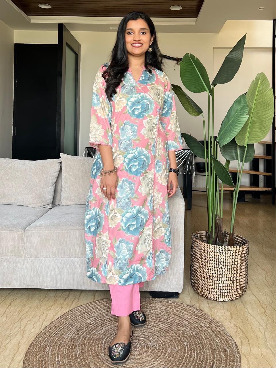 Angrakha Style Cotton Pant Set- Pink Florals