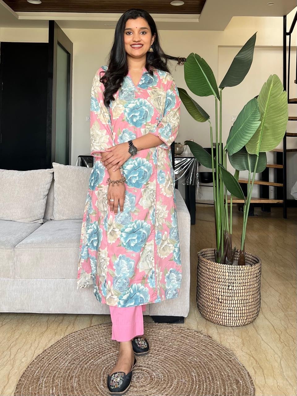 Angrakha Style Cotton Pant Set- Pink Florals