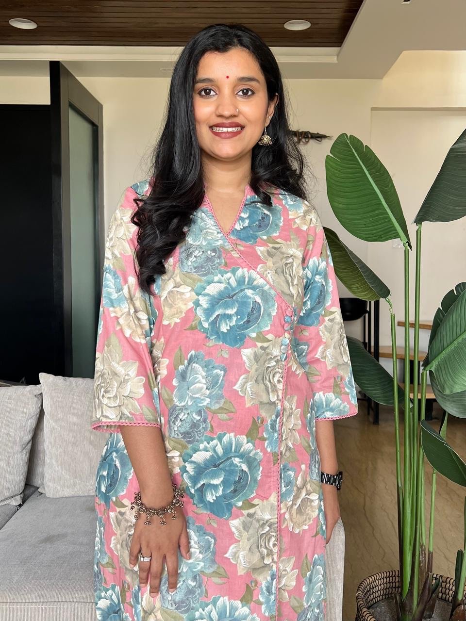 Angrakha Style Cotton Pant Set- Pink Florals
