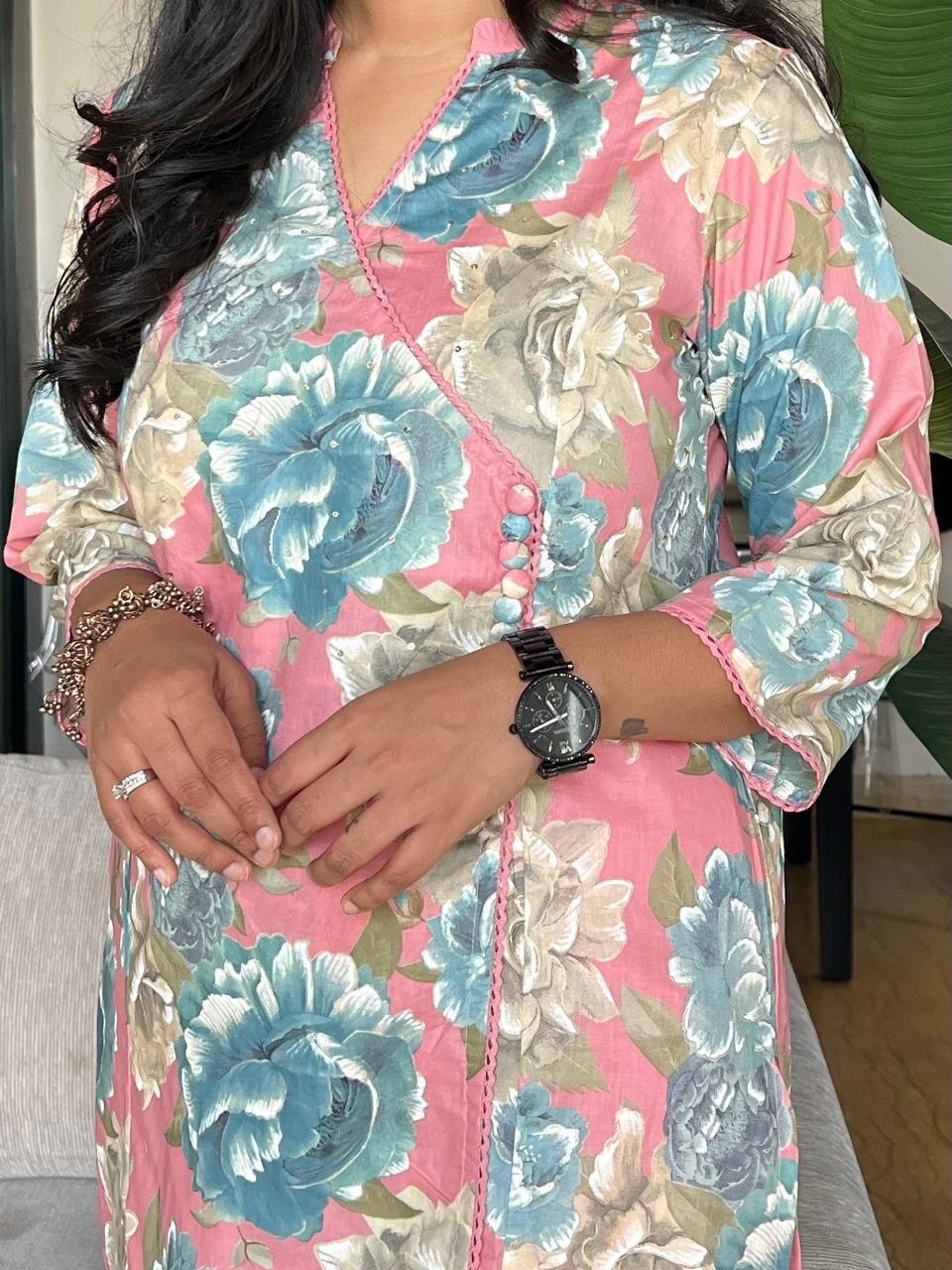 Angrakha Style Cotton Pant Set- Pink Florals