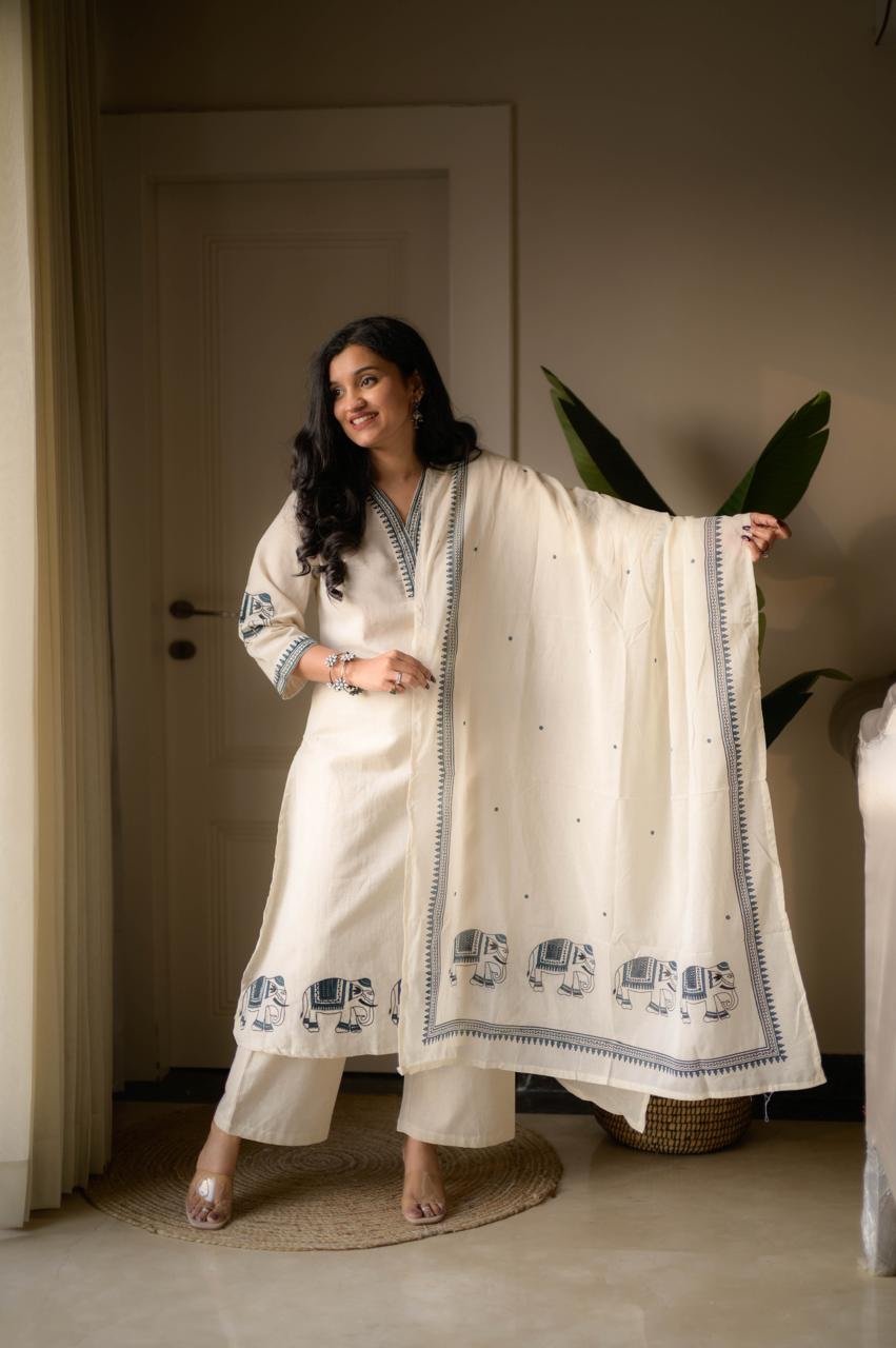 Shiya Embroidered Cotton Set- Off White Blue