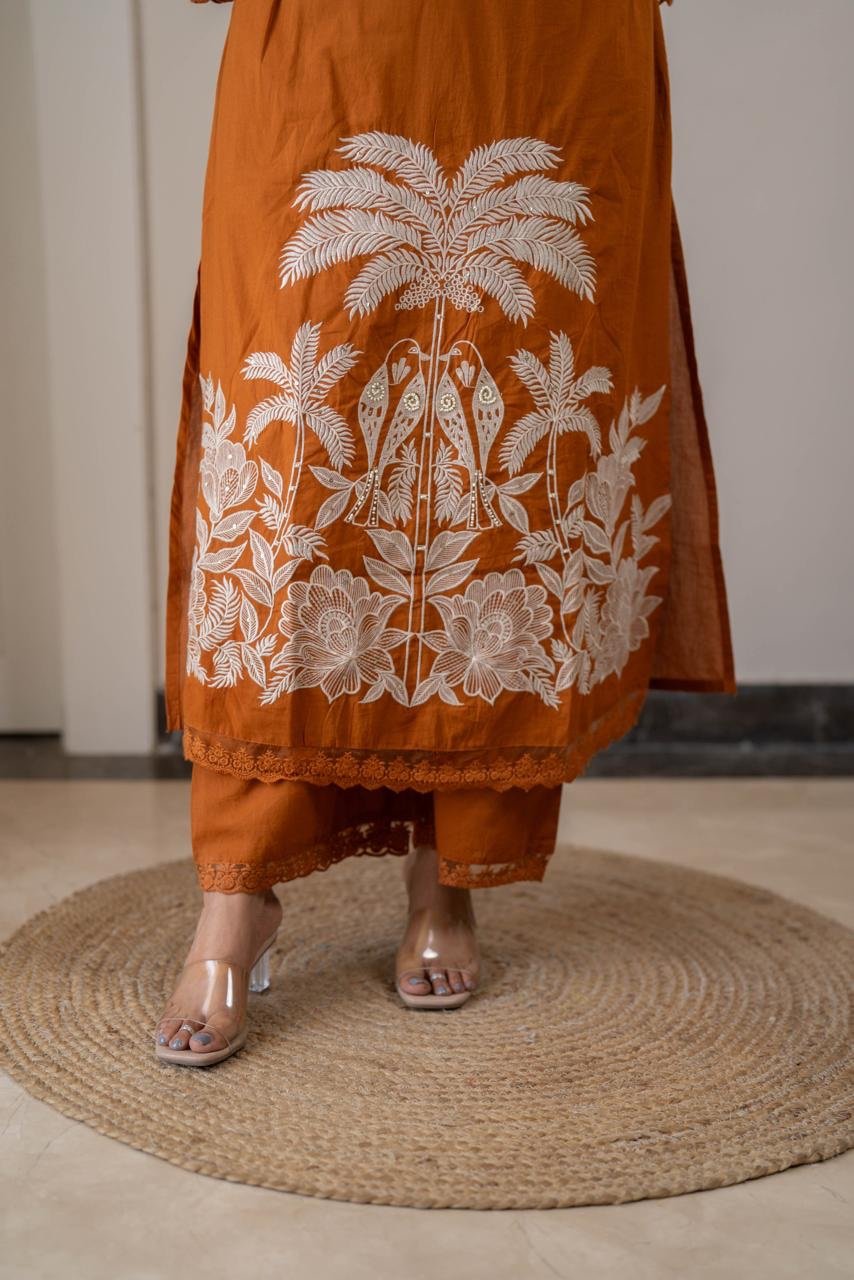 Paro Embroidered Luxe Cotton Set- Rust