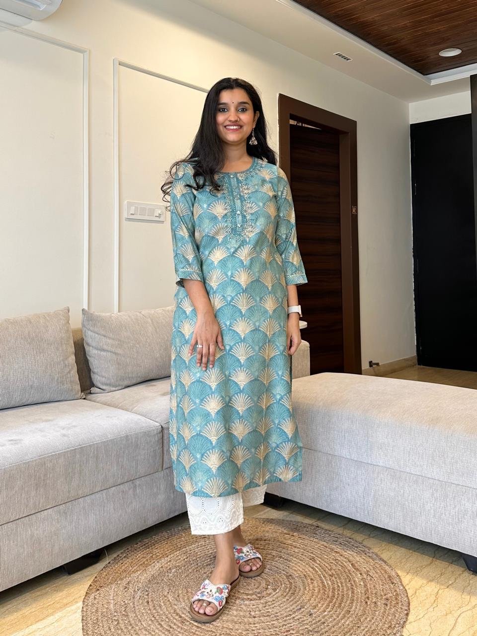 Fan Festive Muslin Silk Kurta- Greenish Blue