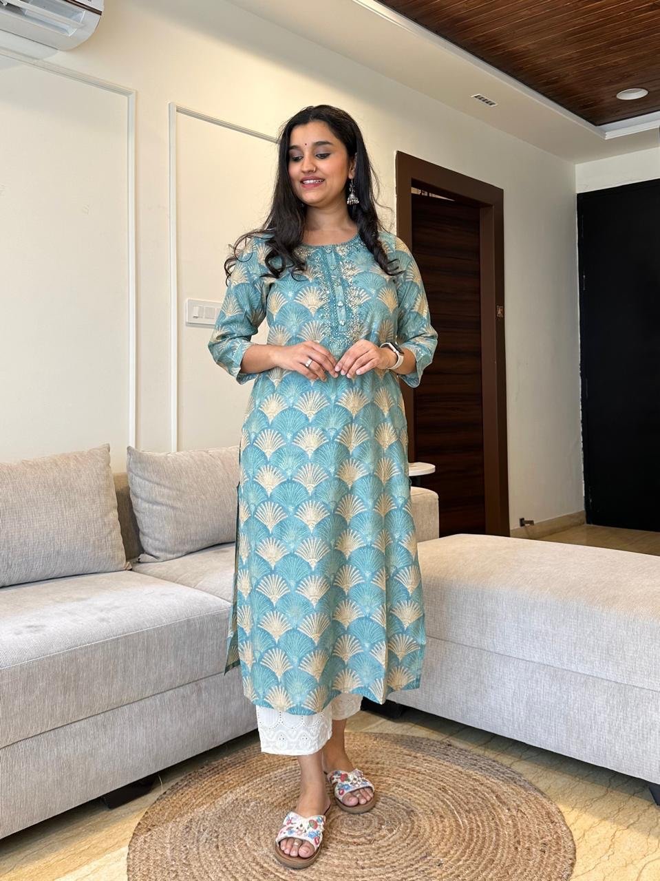 Fan Festive Muslin Silk Kurta- Greenish Blue