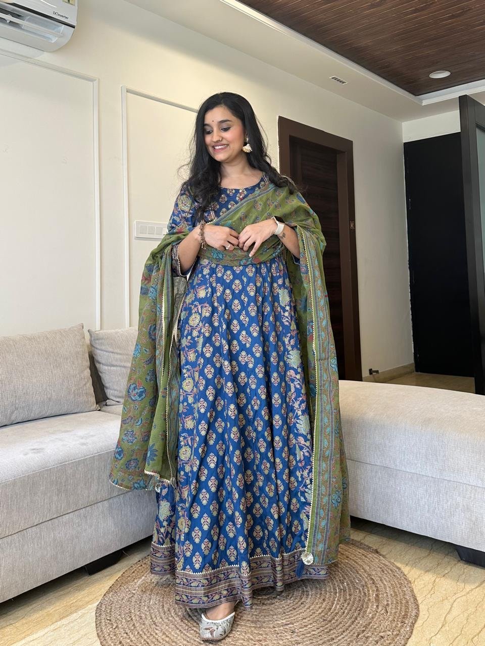 Mughal Anarkali Silk Dress- Electric Blue