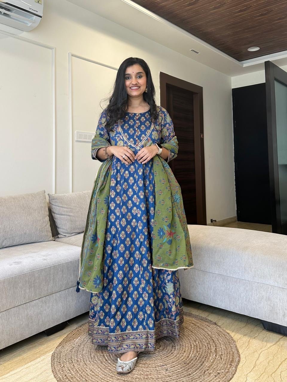 Mughal Anarkali Silk Dress- Electric Blue