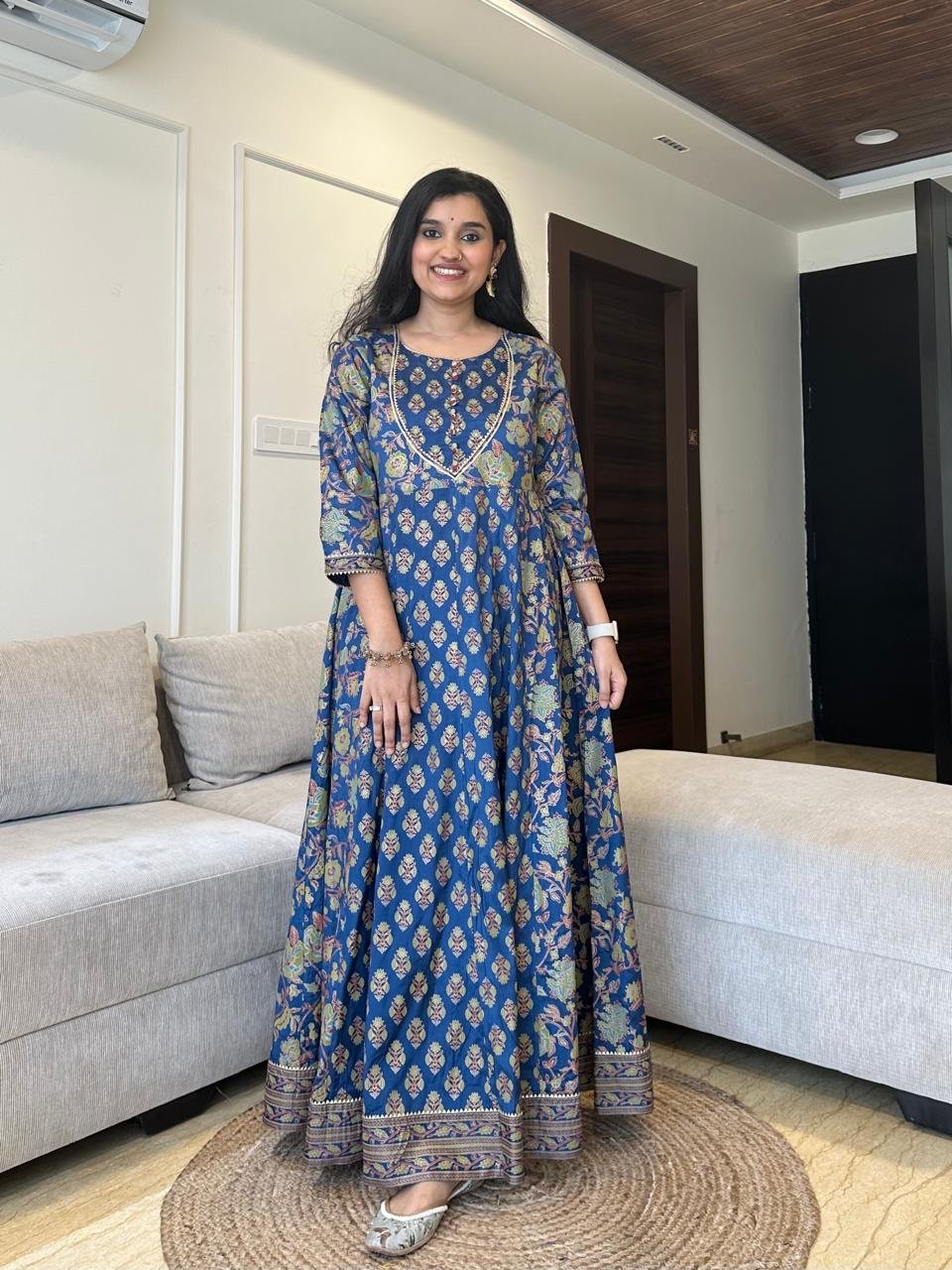 Mughal Anarkali Silk Dress- Electric Blue