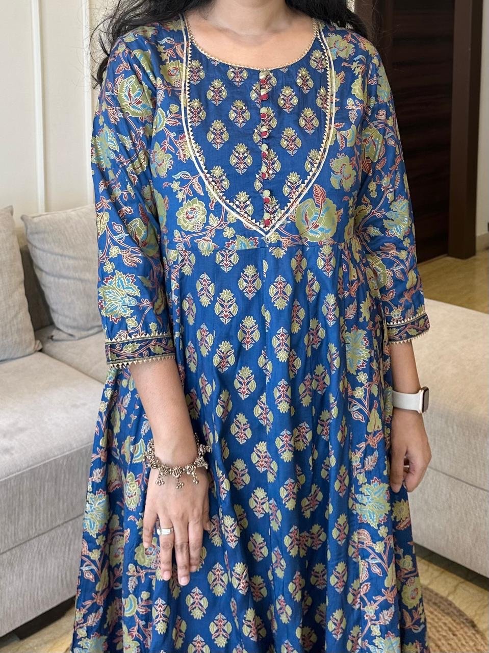 Mughal Anarkali Silk Dress- Electric Blue