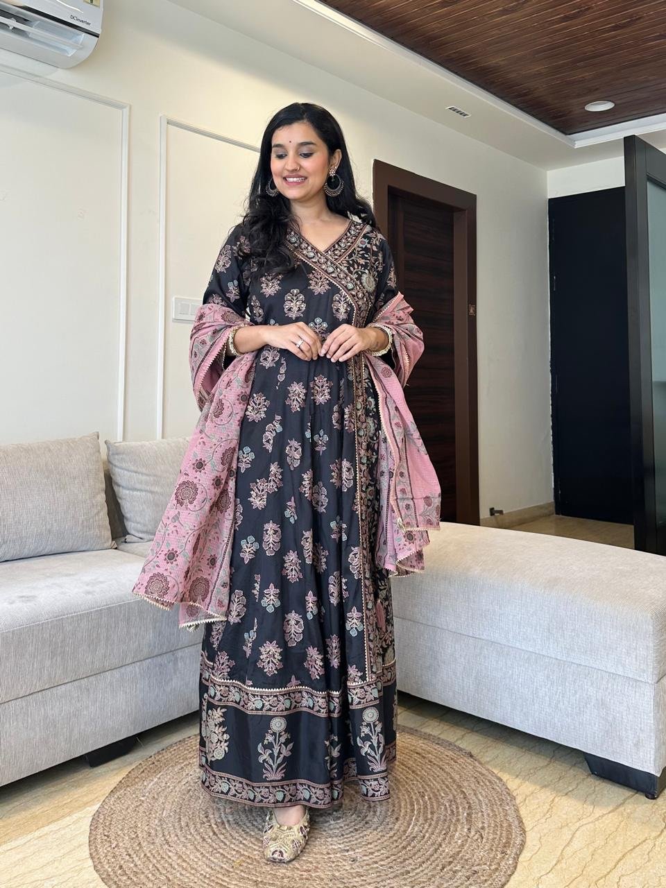 Mughal Anarkali Silk Dress- Black