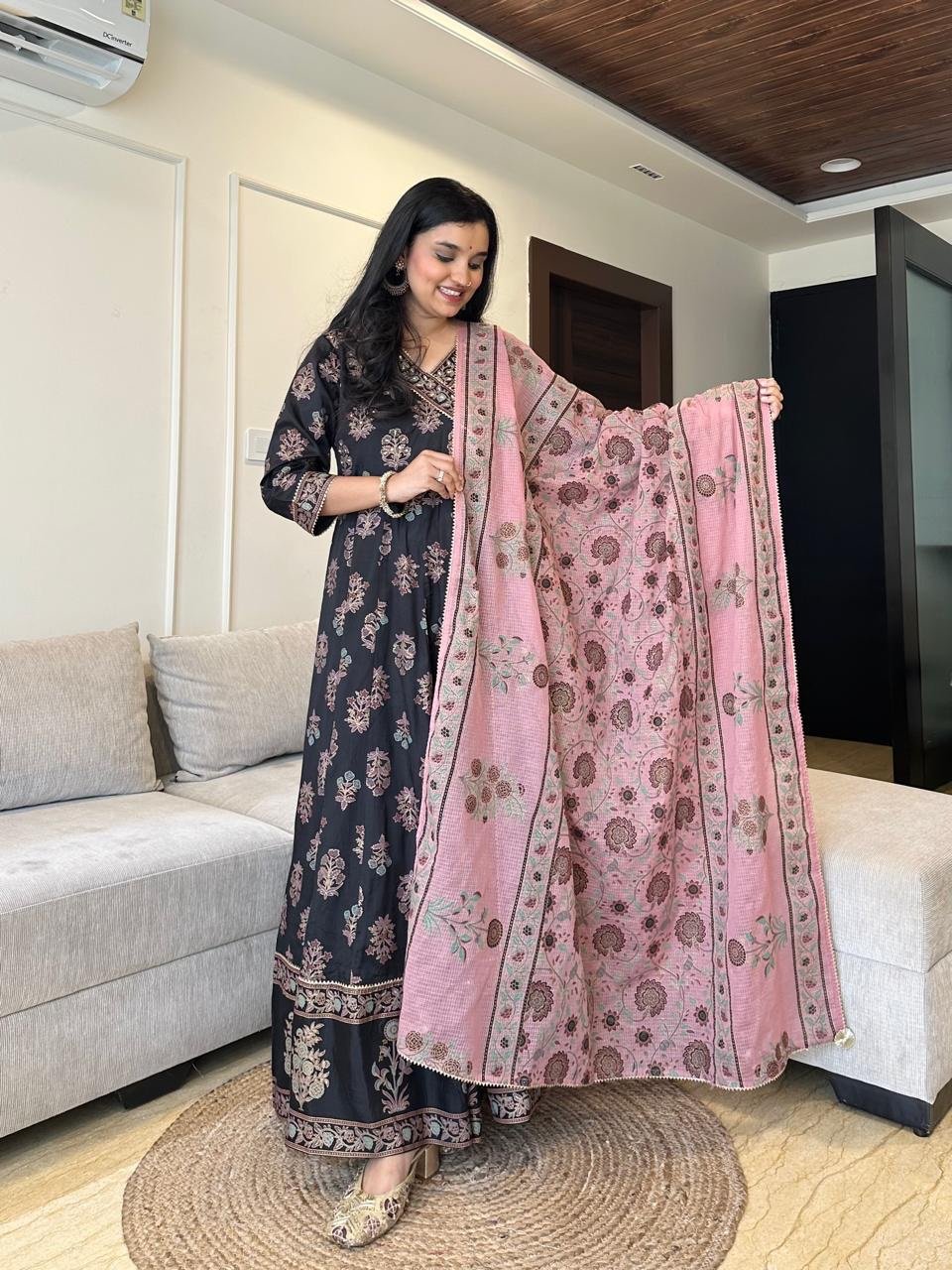 Mughal Anarkali Silk Dress- Black