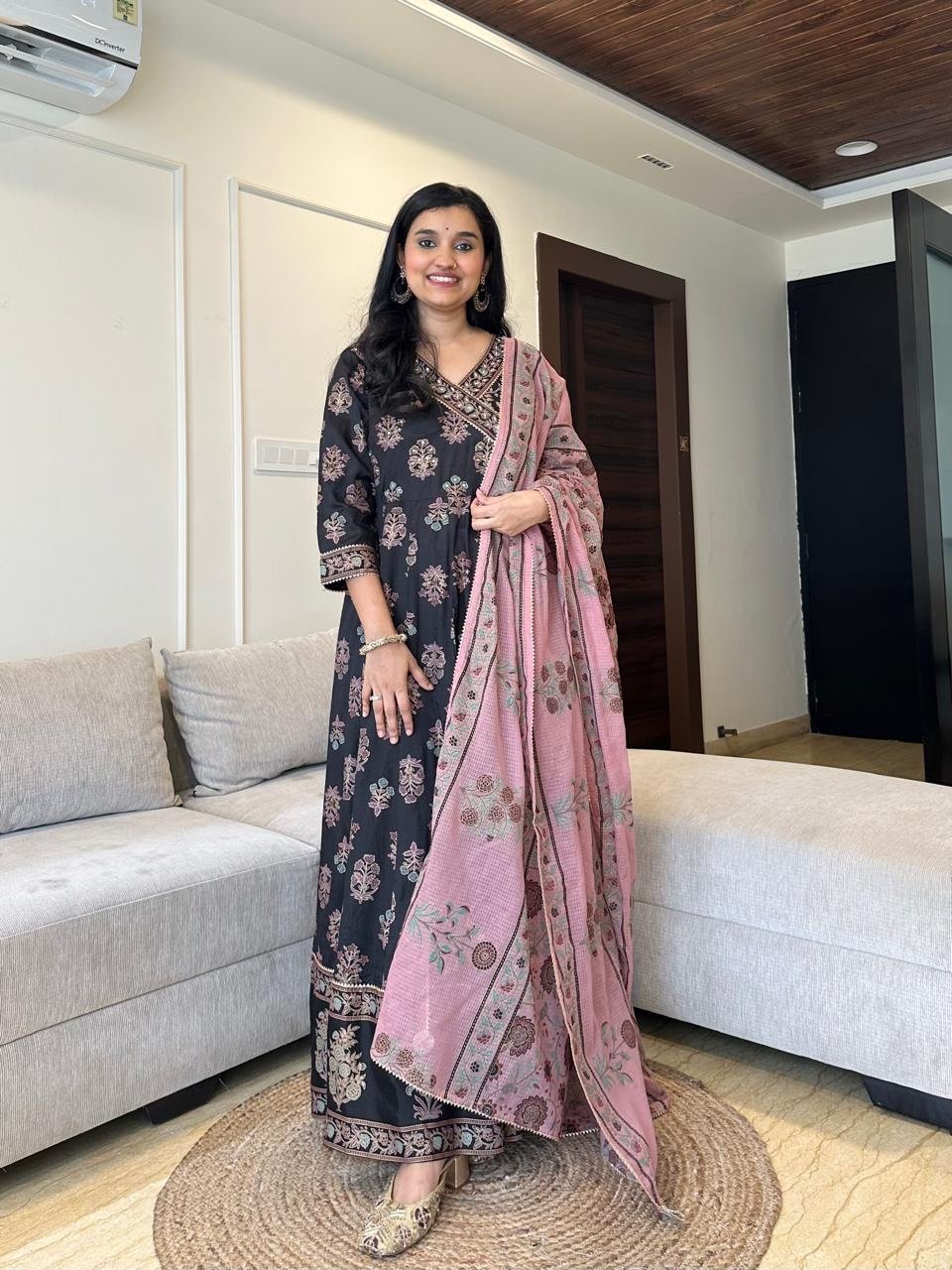 Mughal Anarkali Silk Dress- Black