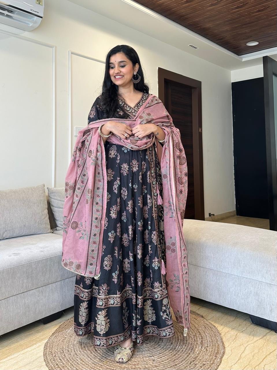 Mughal Anarkali Silk Dress- Black