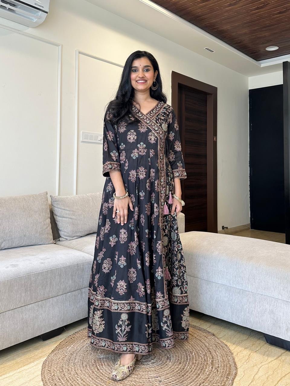 Mughal Anarkali Silk Dress- Black