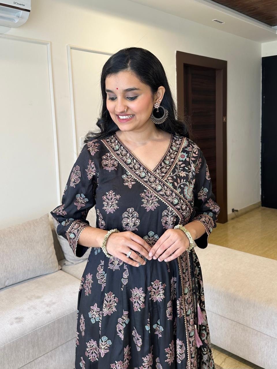 Mughal Anarkali Silk Dress- Black