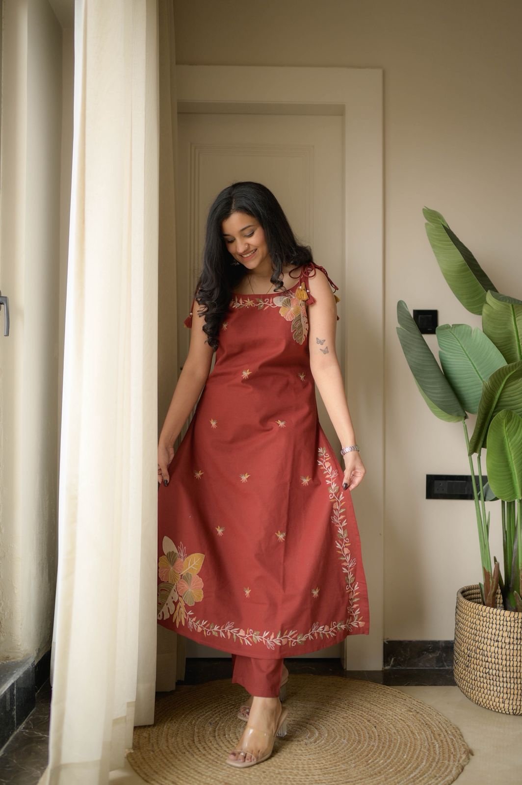 Zuhra Embroidered Pant Set- Brick