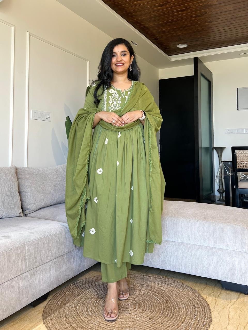 Shayrana Cotton Flared Set- Green