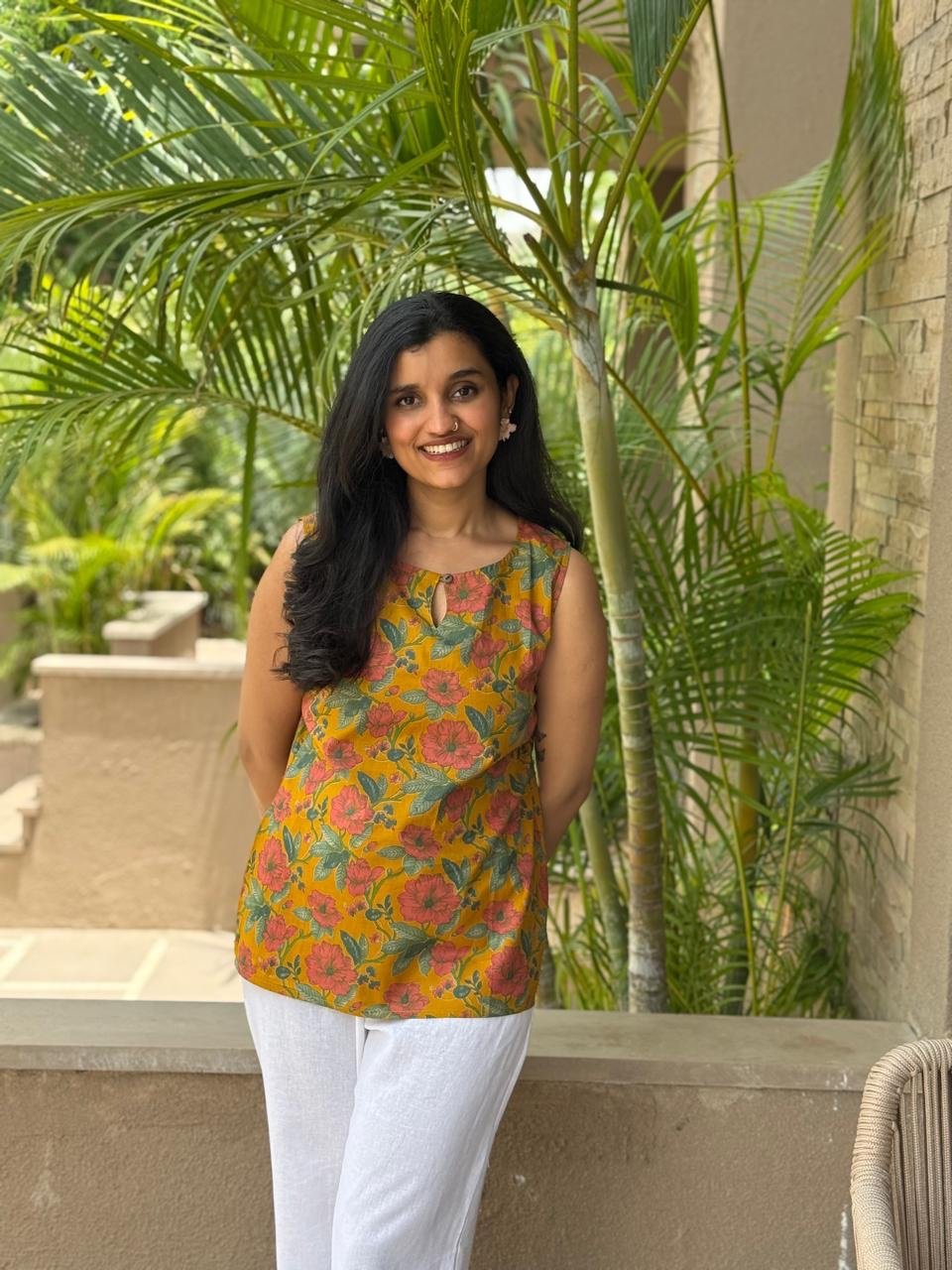 Lily 2.0 Sleeveless Cotton Top- Mustard Florals