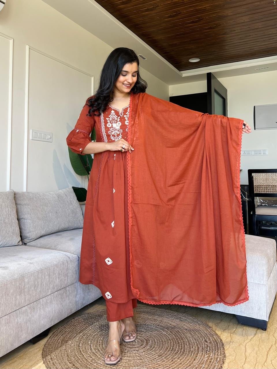 Shay Cotton Flared Set- Rust