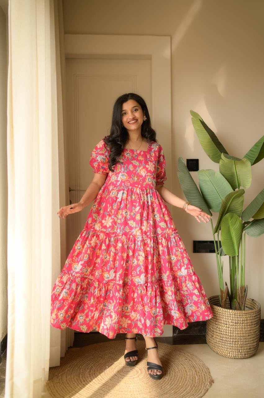Tanvi Tiered Maxi Dress- Pink Floral Blast