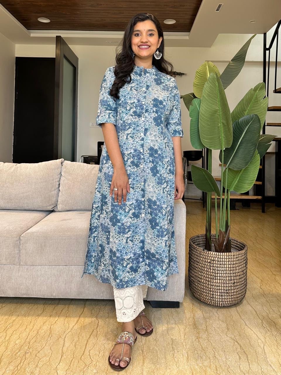 Cotton A-line Kurta- Sky Blue Floral