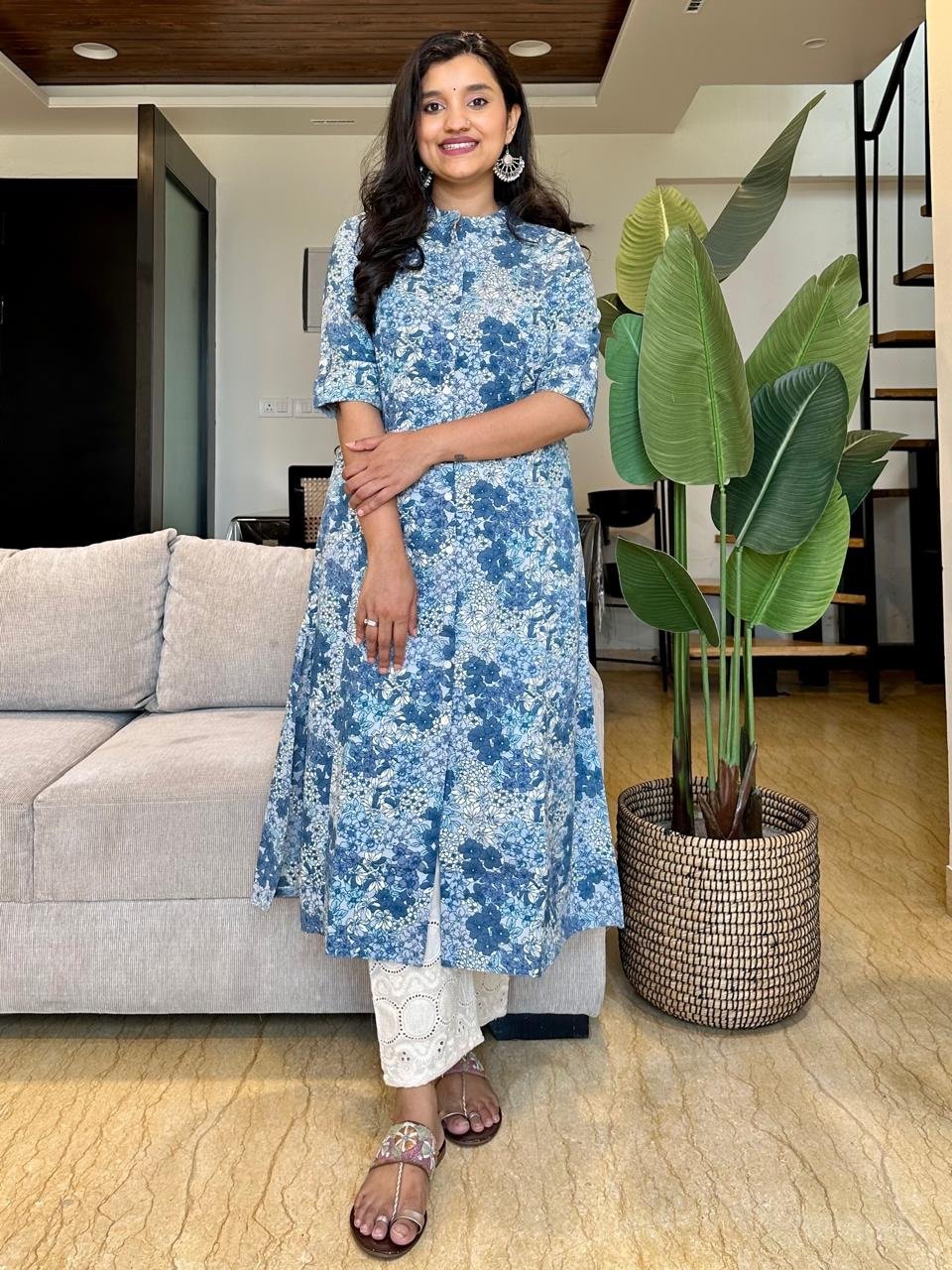 Cotton A-line Kurta- Sky Blue Floral
