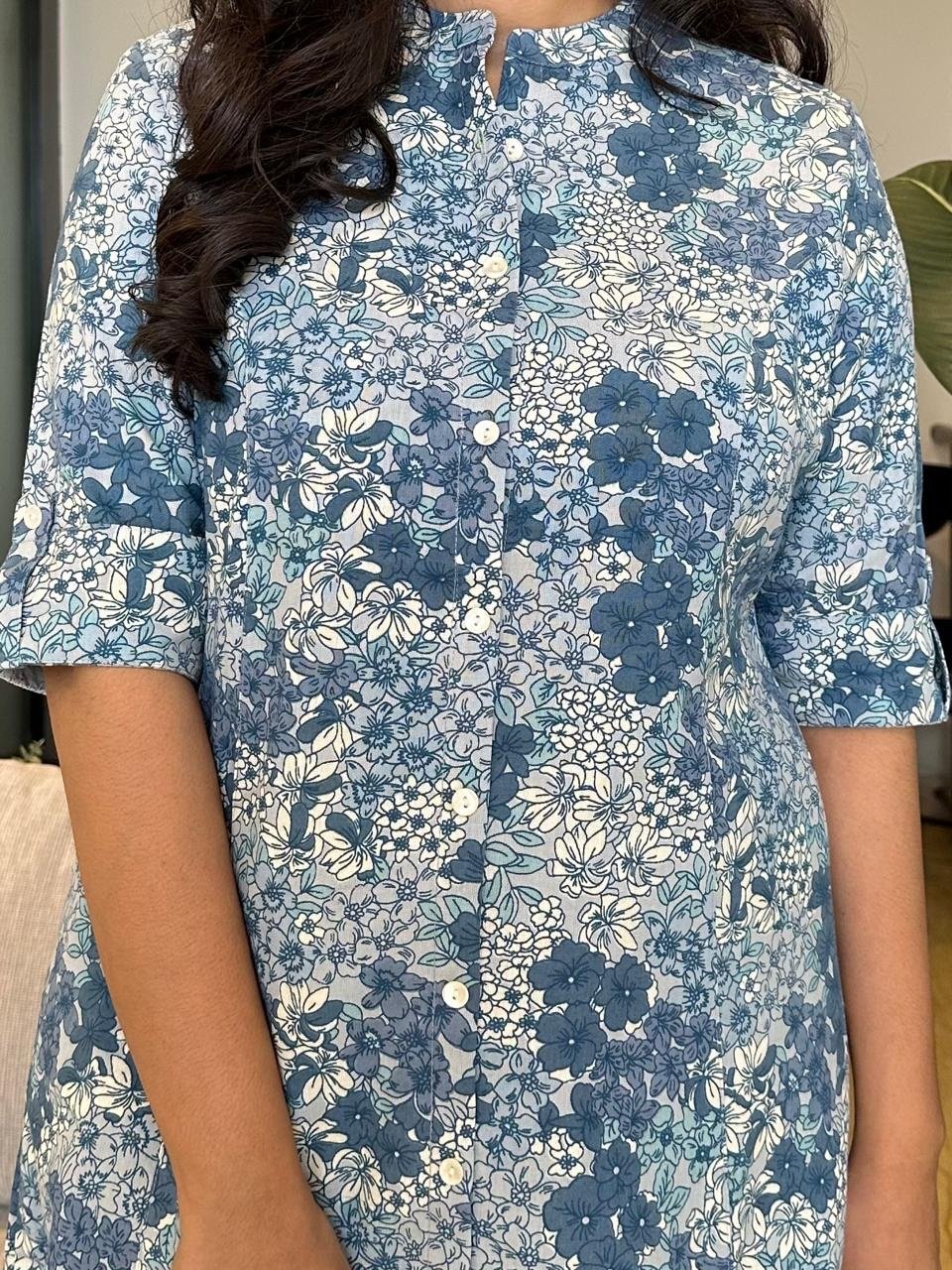 Cotton A-line Kurta- Sky Blue Floral