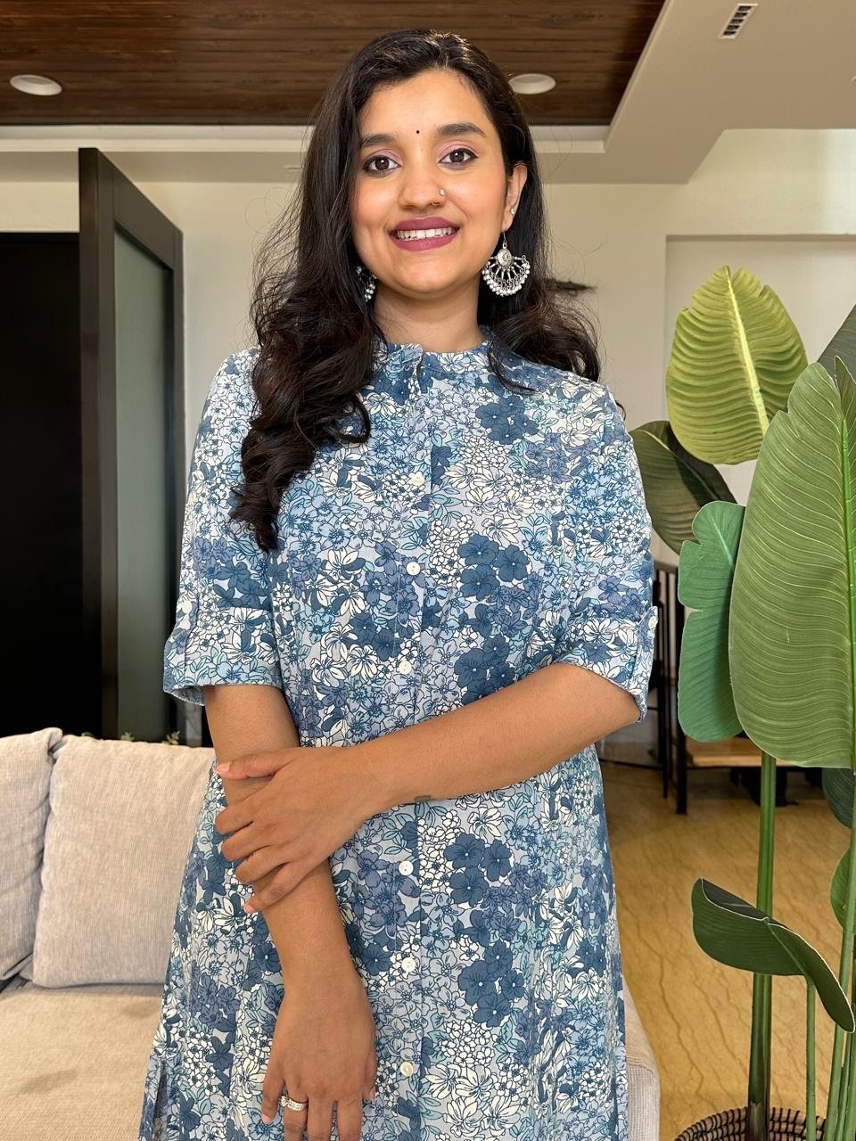 Cotton A-line Kurta- Sky Blue Floral