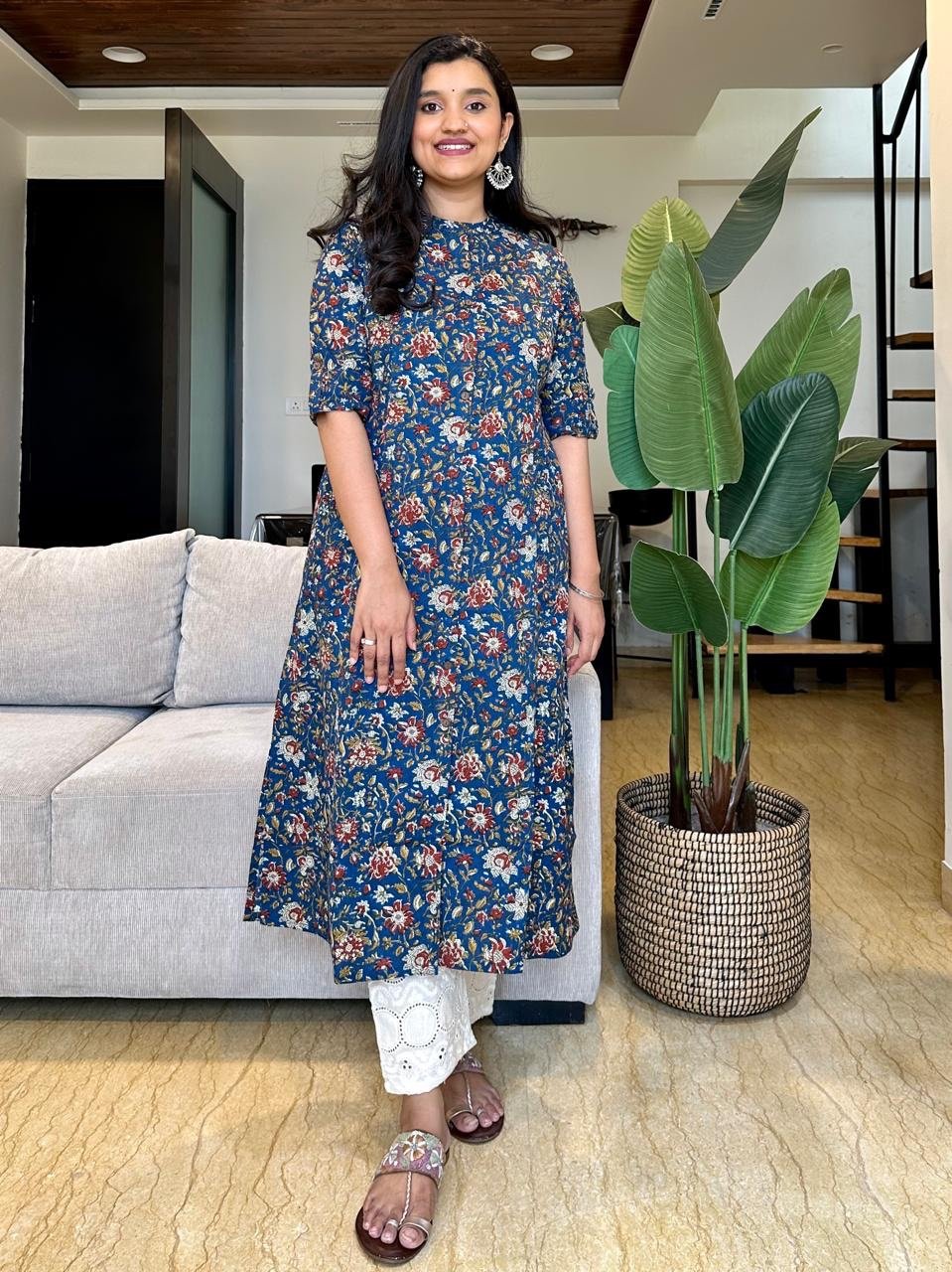 Cotton A-line Kurta- Different Blue Mix