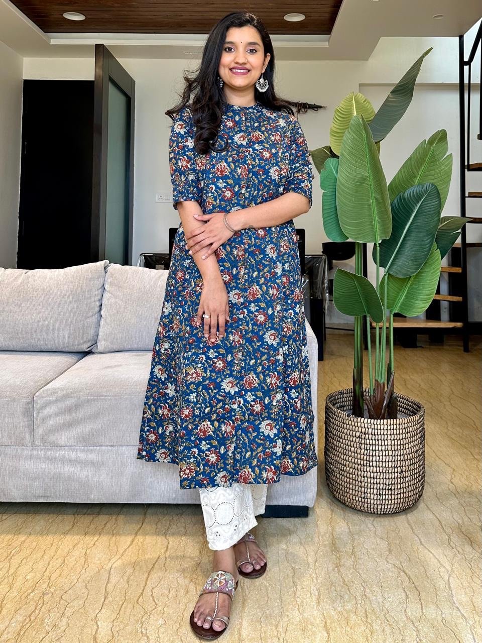 Cotton A-line Kurta- Different Blue Mix