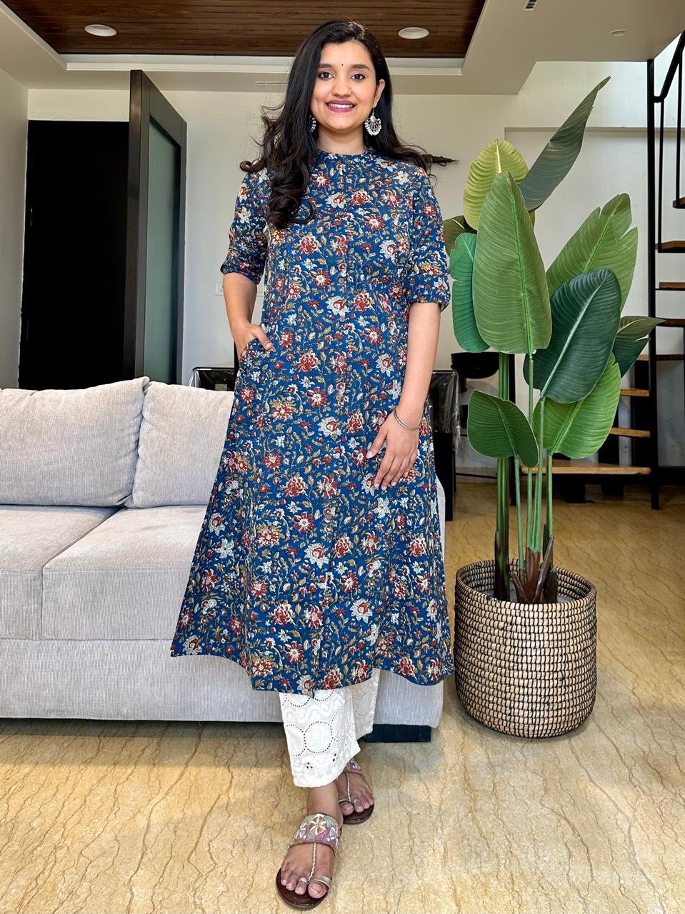 Cotton A-line Kurta- Different Blue Mix