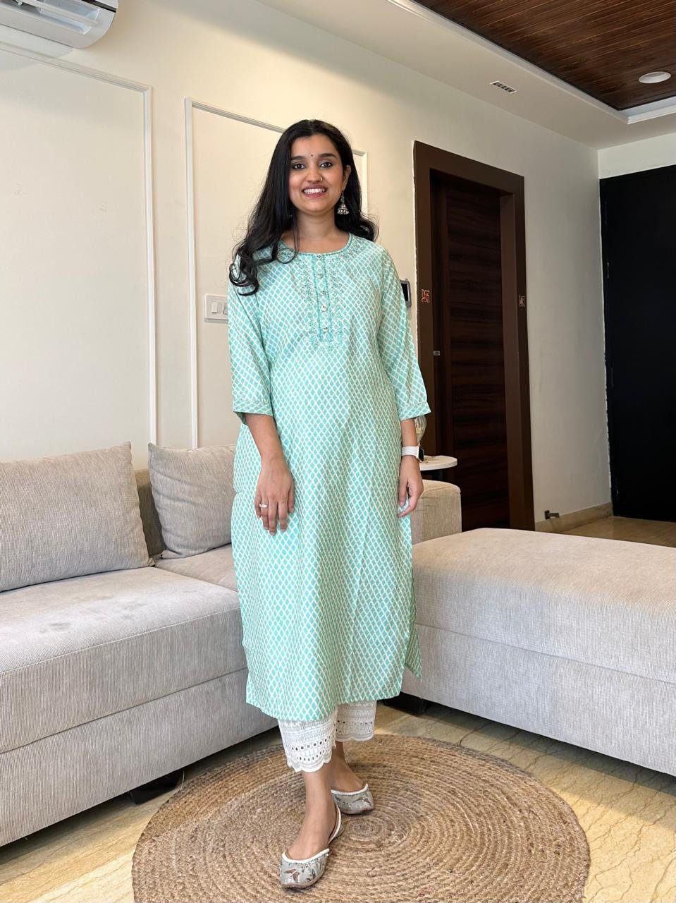 Checks Muslin Silk Kurta- Pastel Green