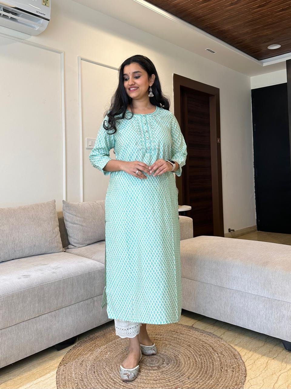 Checks Muslin Silk Kurta- Pastel Green