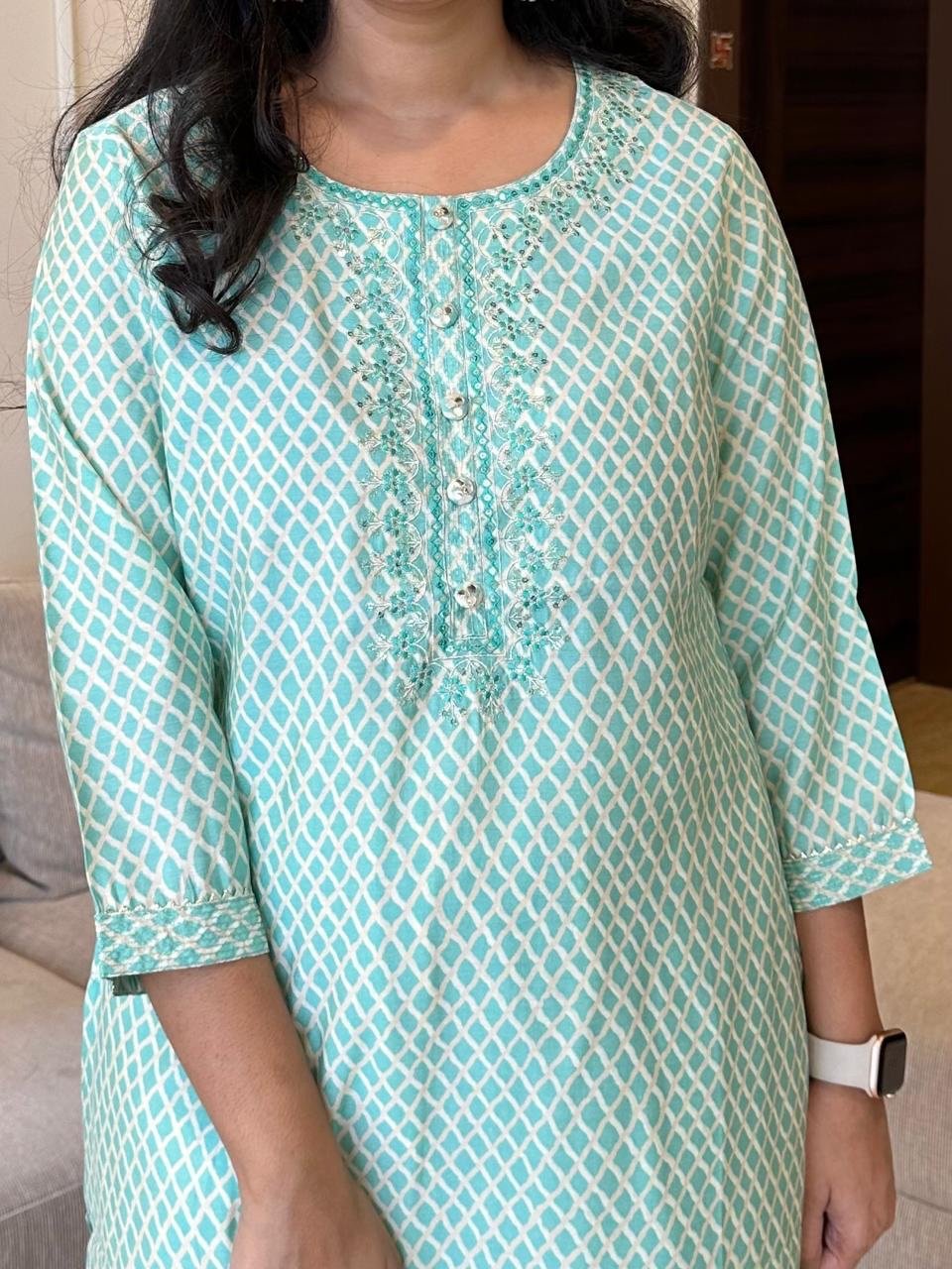 Checks Muslin Silk Kurta- Pastel Green
