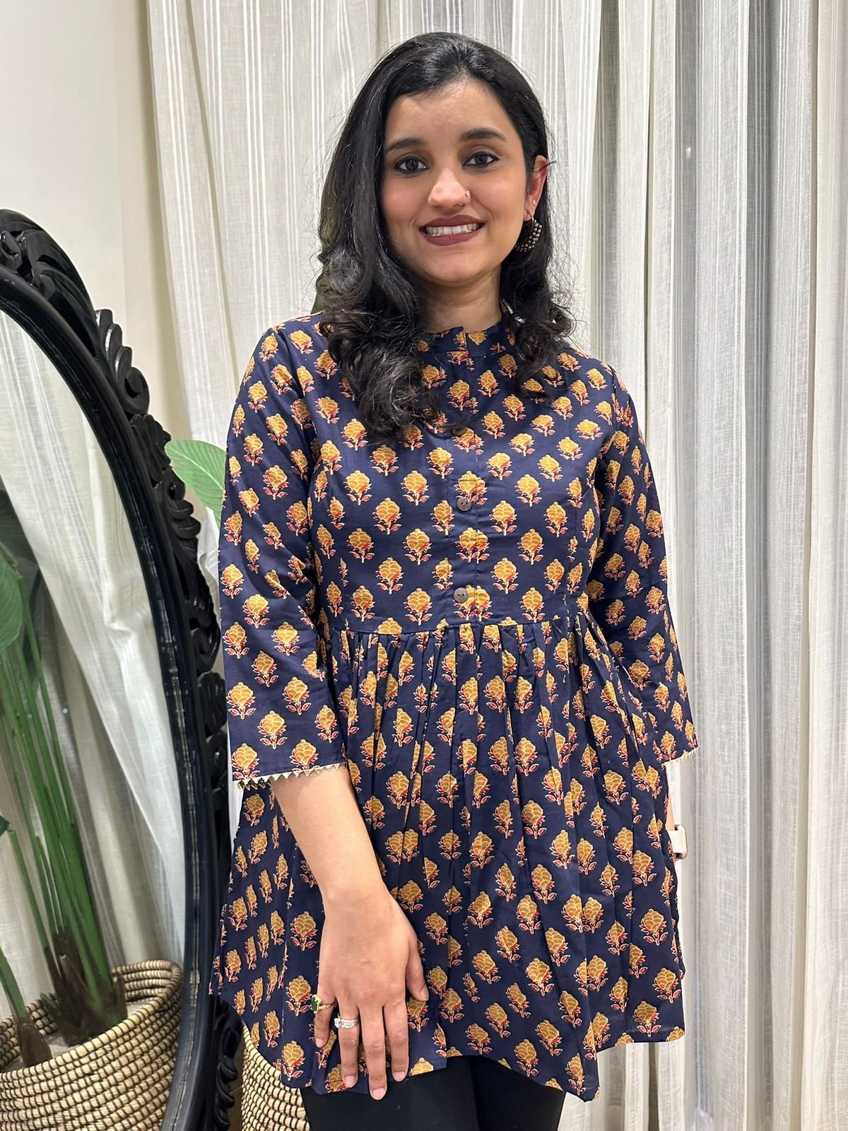 Cotton Peplum Top- Navy Yellow Booti