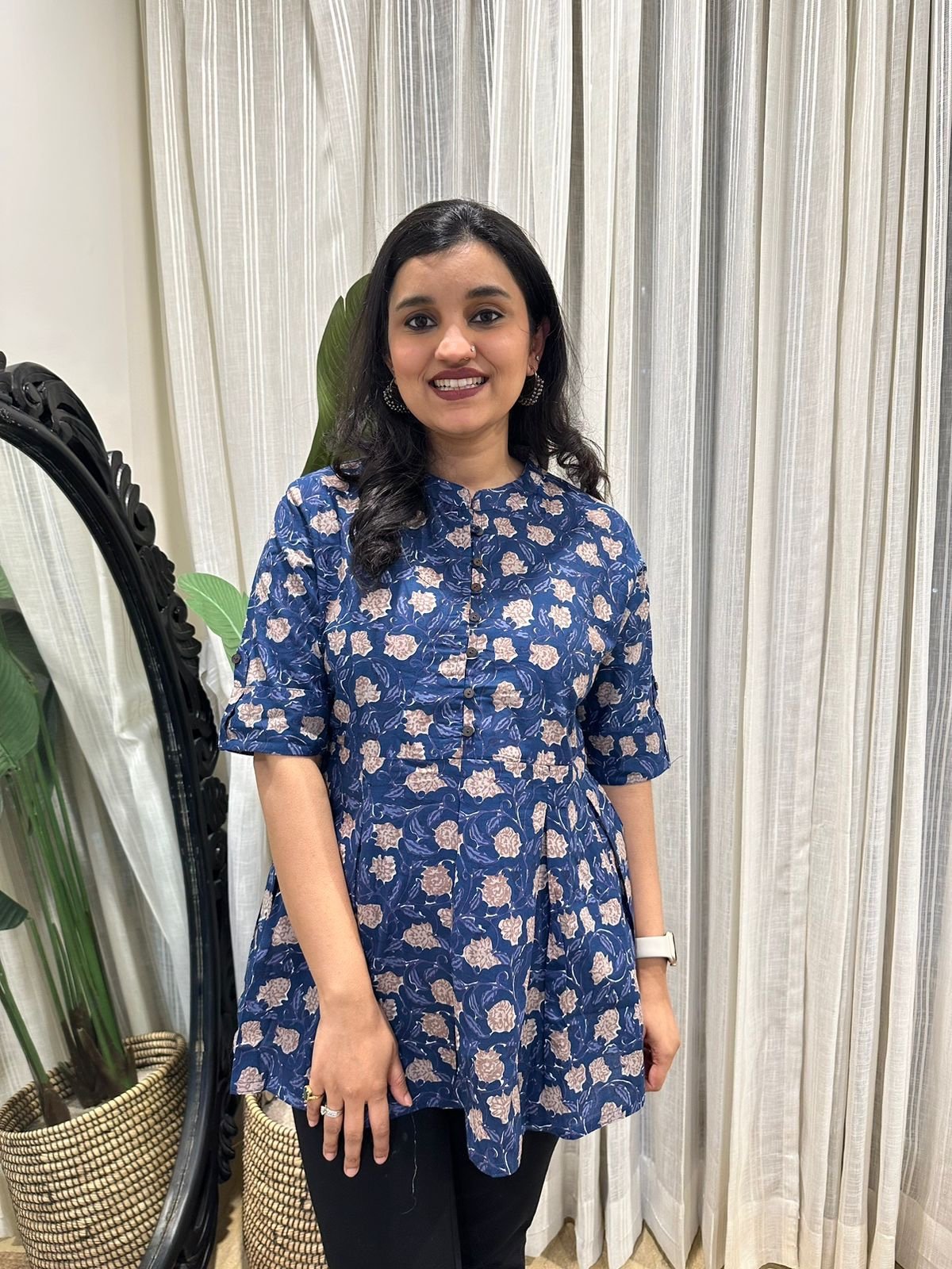 Cotton Peplum Top- Indigo Beige Floral