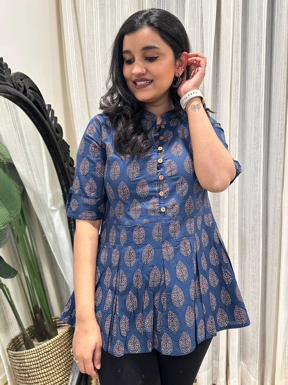 Cotton Peplum Top- Navy Leaf