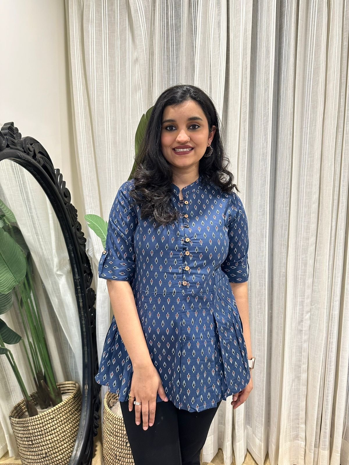 Cotton Peplum Top- Navy Booti