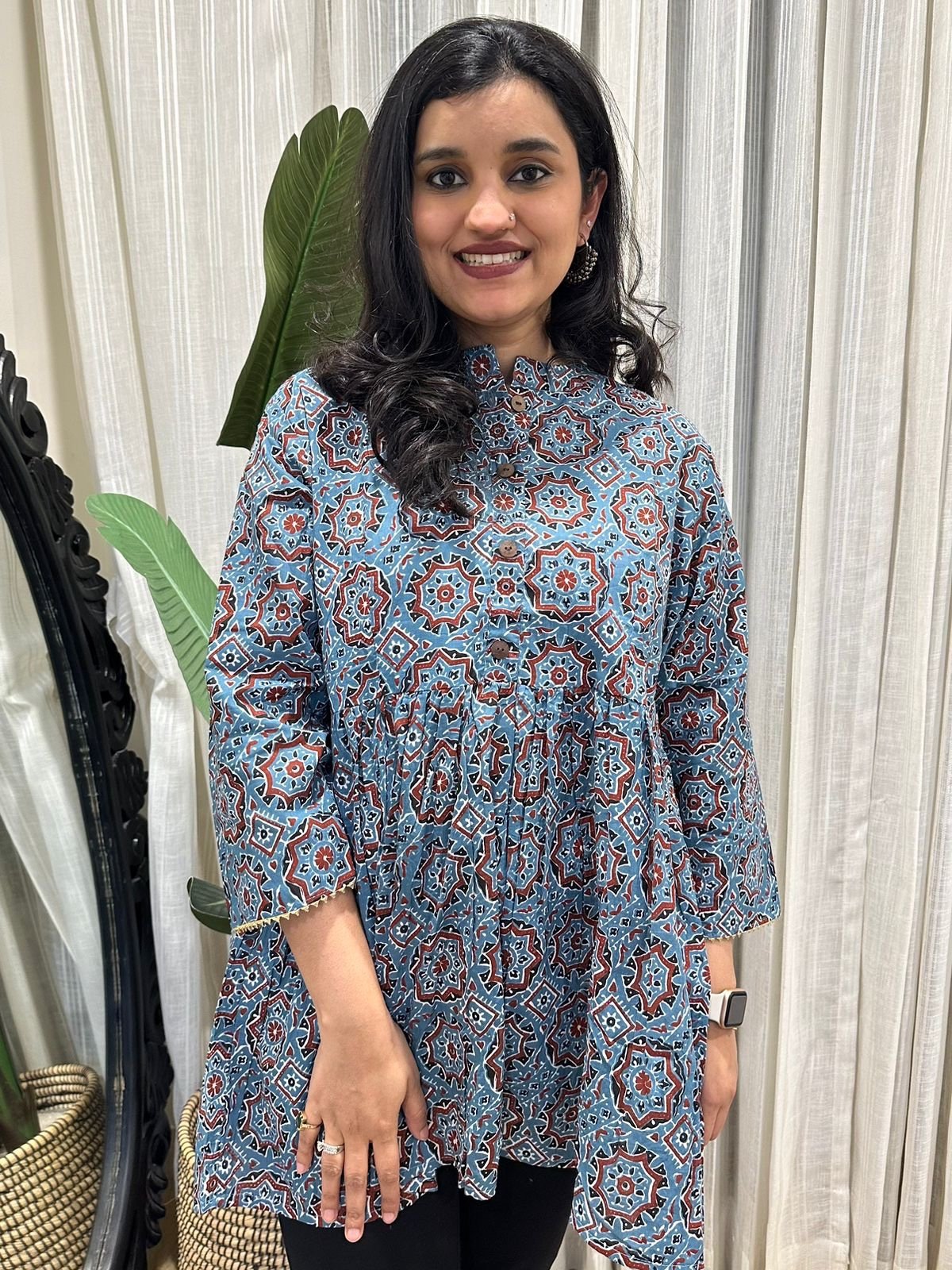 Cotton Peplum Top- Blue Jaal