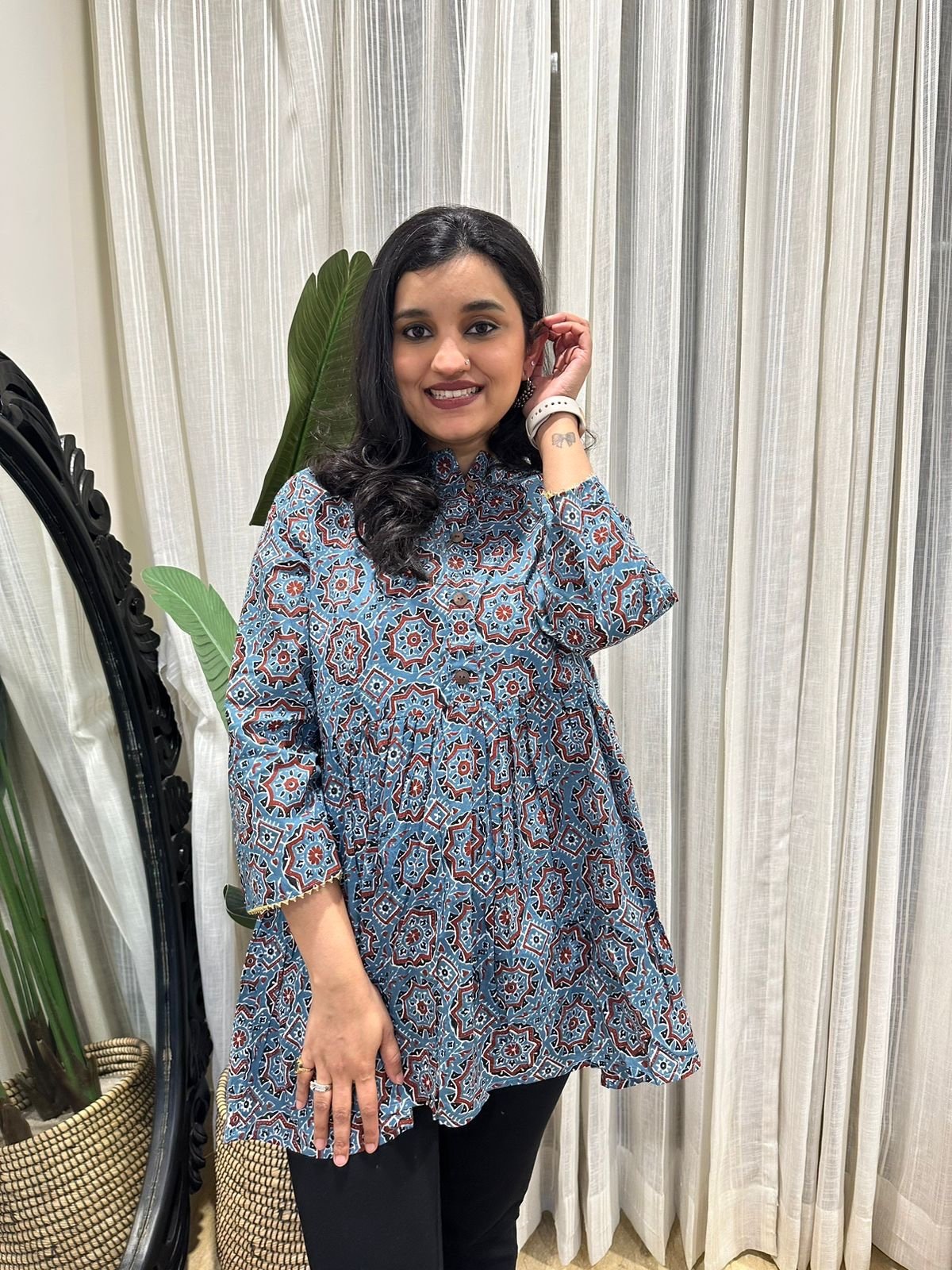 Cotton Peplum Top- Blue Jaal