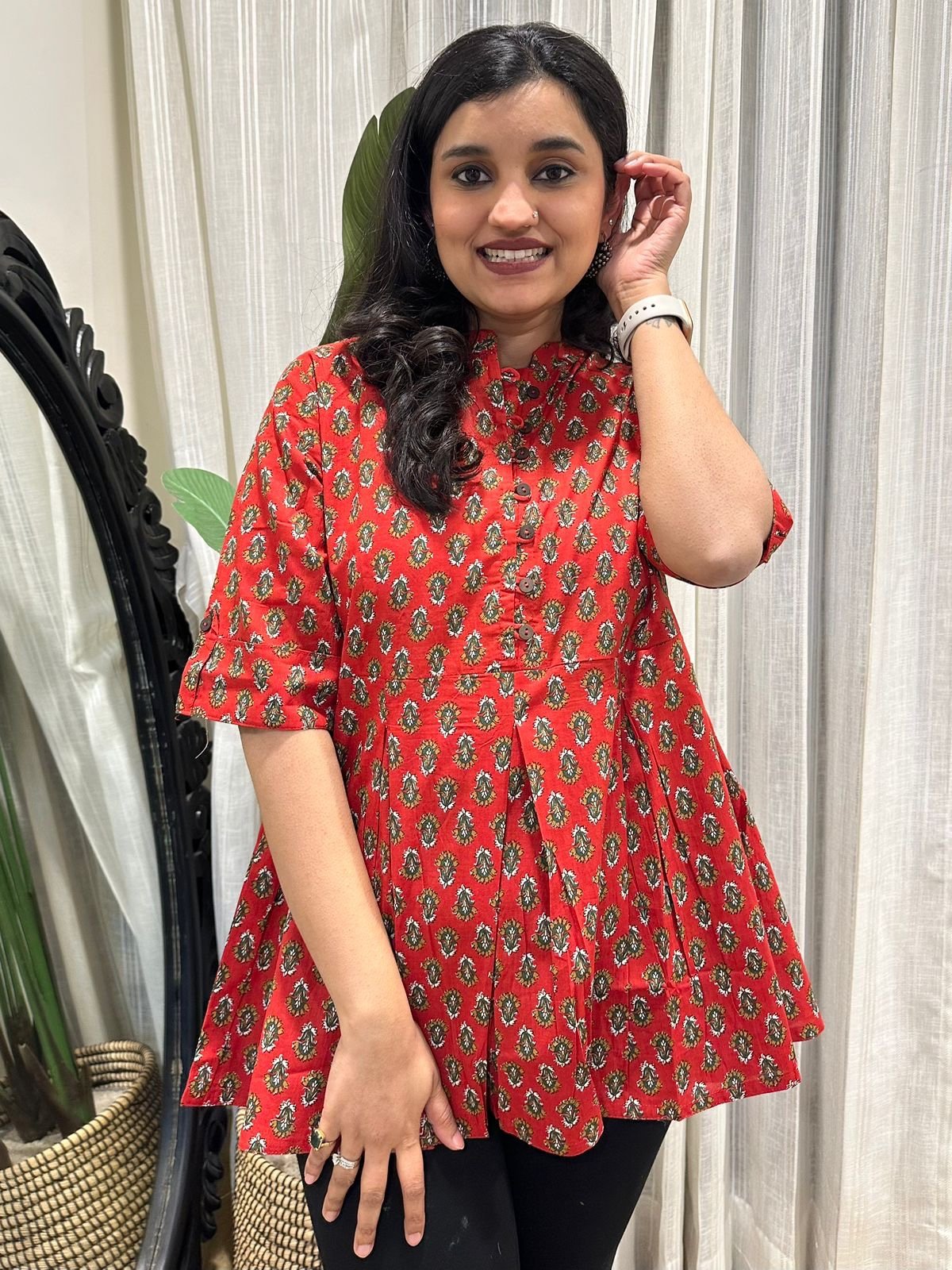 Cotton Peplum Top- Red Booti