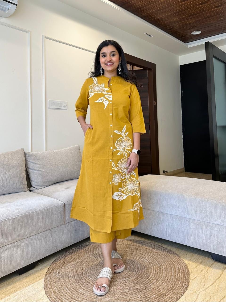 Phool Cropped Pant Set- Mustard