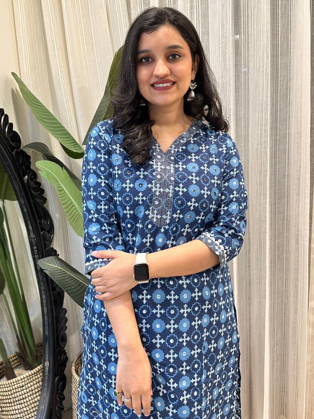 Cotton Straight Kurta- Indigo V-Neck