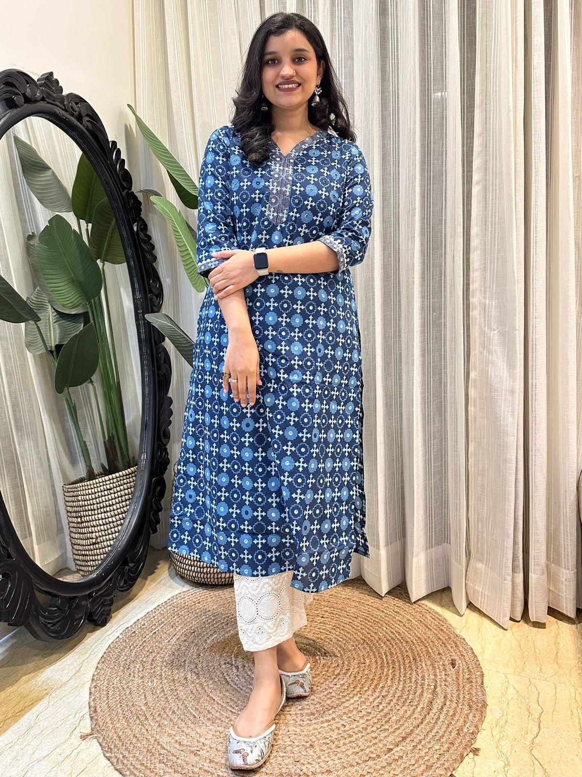 Cotton Straight Kurta- Indigo V-Neck