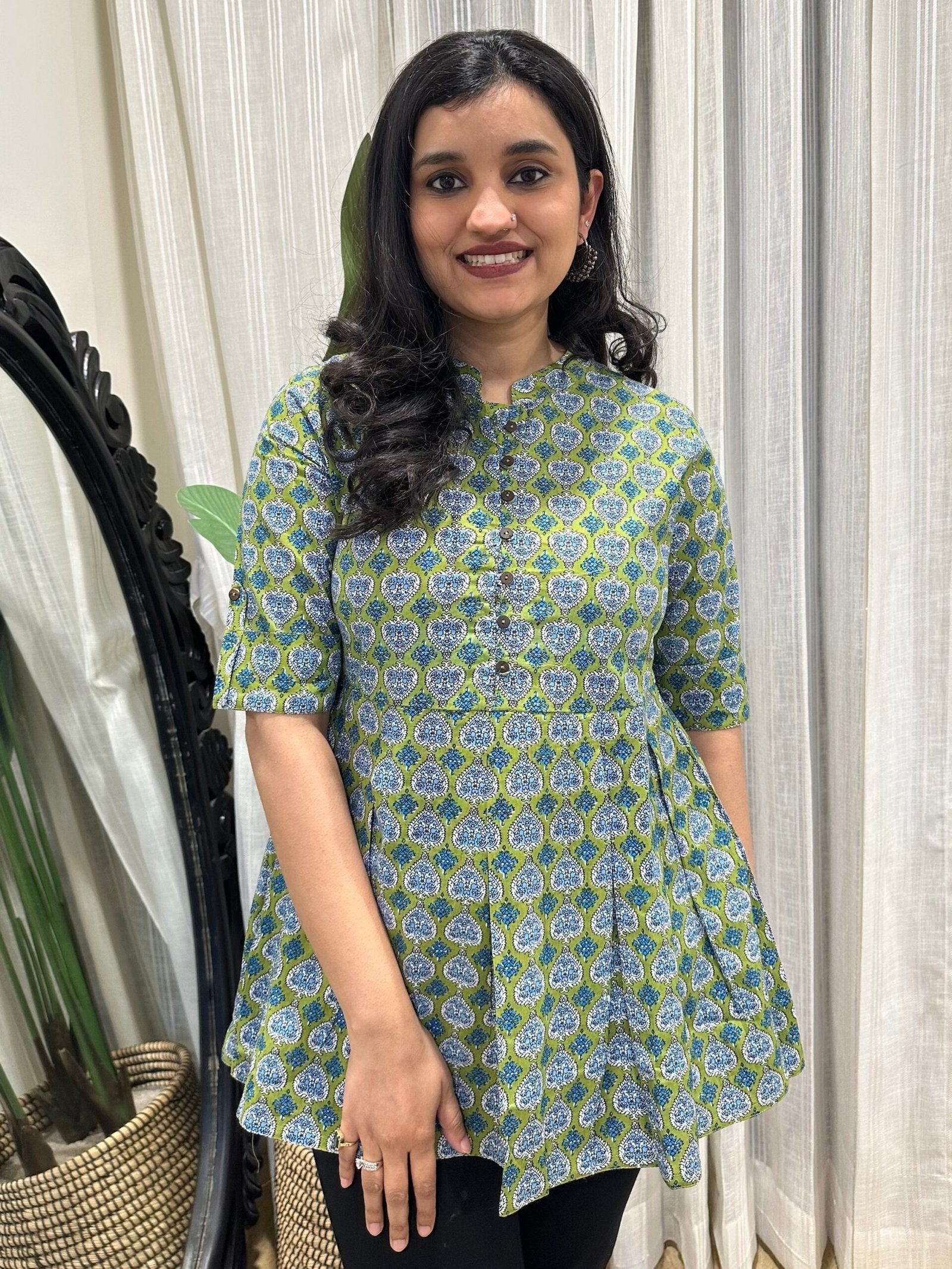 Cotton Peplum Top- Green Blue Booti