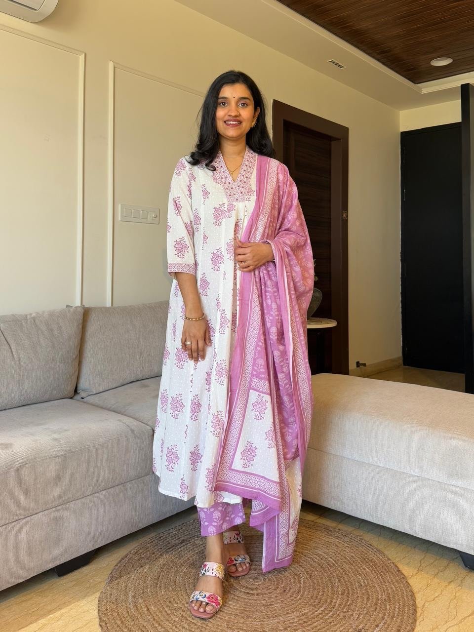Leher Cotton Boota Flared Set- Pink